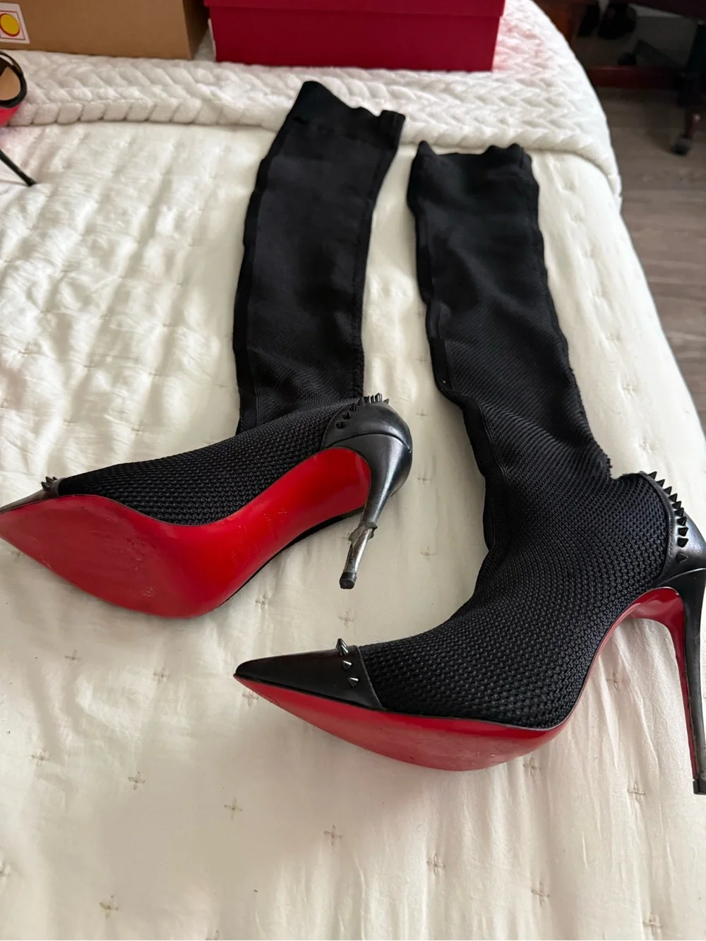 Christian Louboutin Black Stretch Spike Over-the-Knee Boots with Red Soles